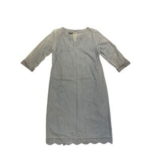 Talbots Dress Womens 10 Chambray Midi 3/4 Sleeve Notch Neck Scalloped Hem Casual